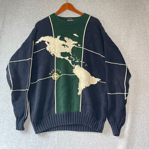 Vintage Y2K Nautica Handknit Map Sweater XXL Green Navy